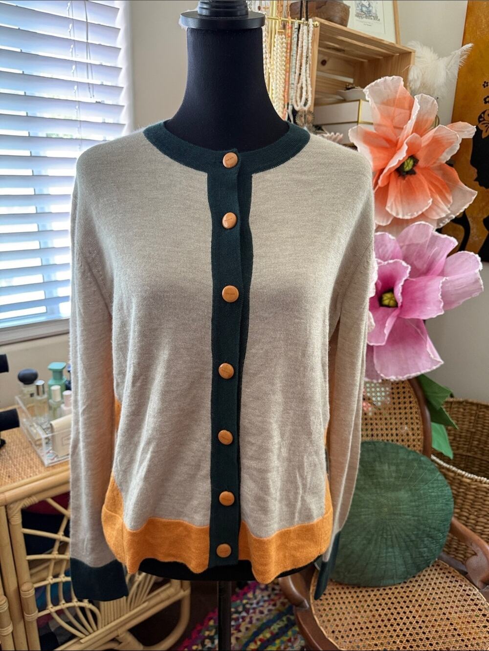 The Row Colour Block Knit Long Sleeve Button Quiet Luxury Preppy Chic Cardigan